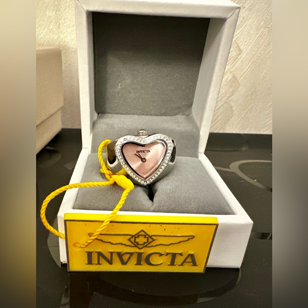 Invicta Silver Heart Ring Watch Ring with Pink Dial. Mini Angel, New in box.